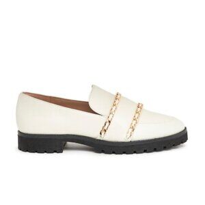 Karl Lagerfeld Paris Womens Loafers 8/38.5B Cream Leather Gold Chain Trim Chunky